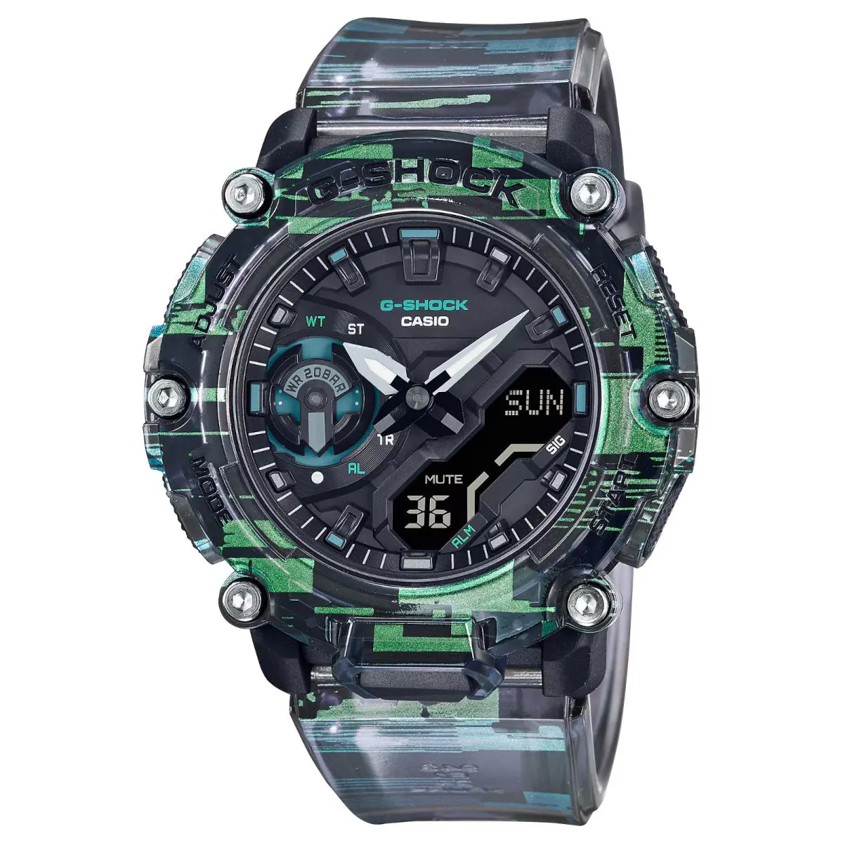 Casio G-shock GA-2200NN-1A Blazing Skeleton Analog Digital Watch GA-2200 Series - Dial: Black, Band: Green Transparent, Black, Bezel: Black