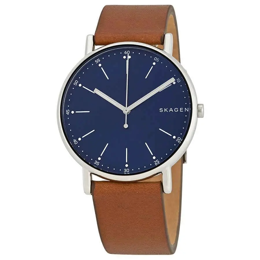 Skagen Signature Blue Dial Brown Leather Men`s Watch SKW6355 - Dial: Blue, Band: Brown, Bezel: Silver-tone