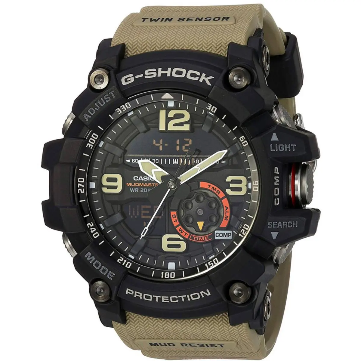 Casio Men`s Watch G-shock Mudmaster World Time Black Dial Beige Strap GG1000-1A5 - Dial: Black, Beige, Band: Beige