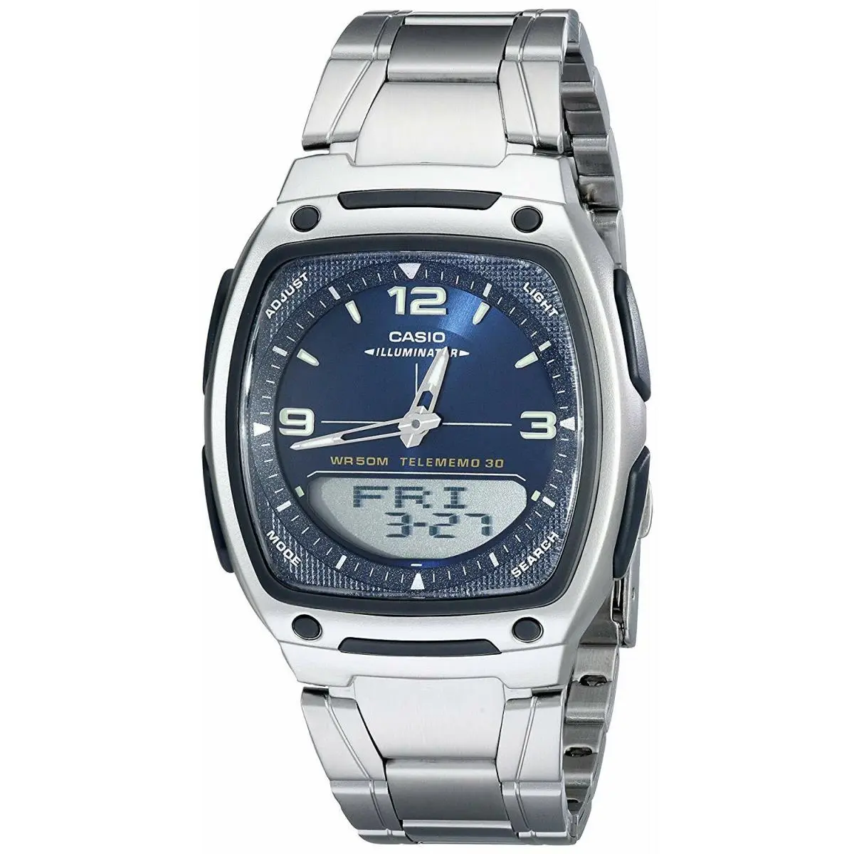 Casio Men`s Quartz Telememo 30 Blue Date Dial Silver-tone 39mm Watch AW81D-2AV - Dial: Blue, Band: Silver, Bezel: Silver, Gray