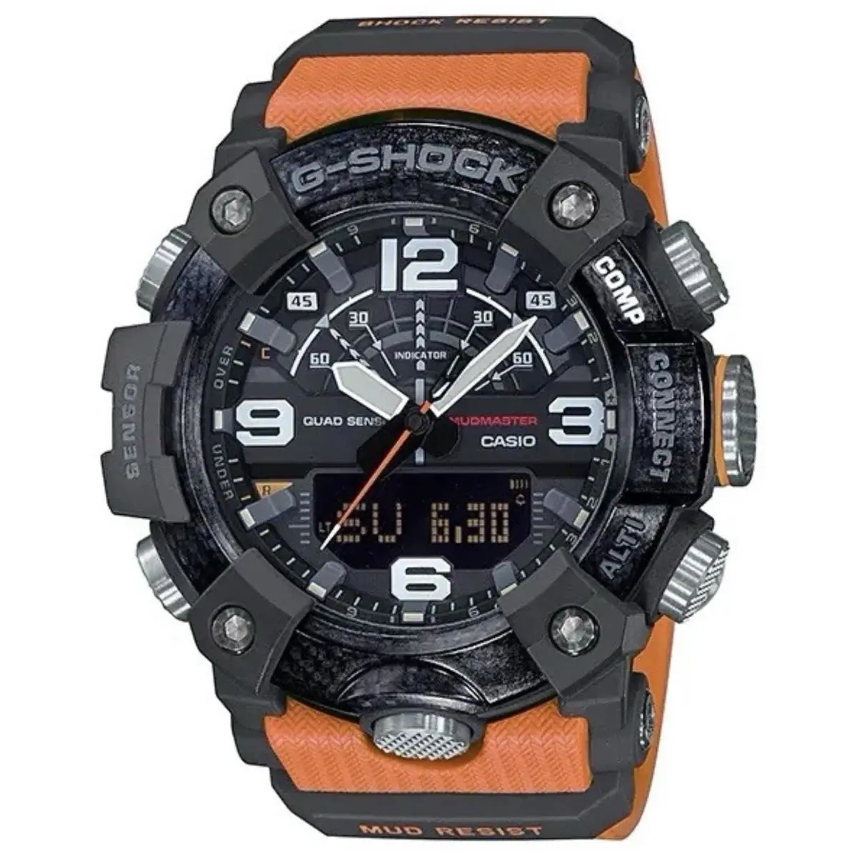 Casio G-shock Mudmaster GGB100-1A9 Quad Sensor Bluetooth Orange Men`s Watch - Dial: Black, Band: Orange, Bezel: Black