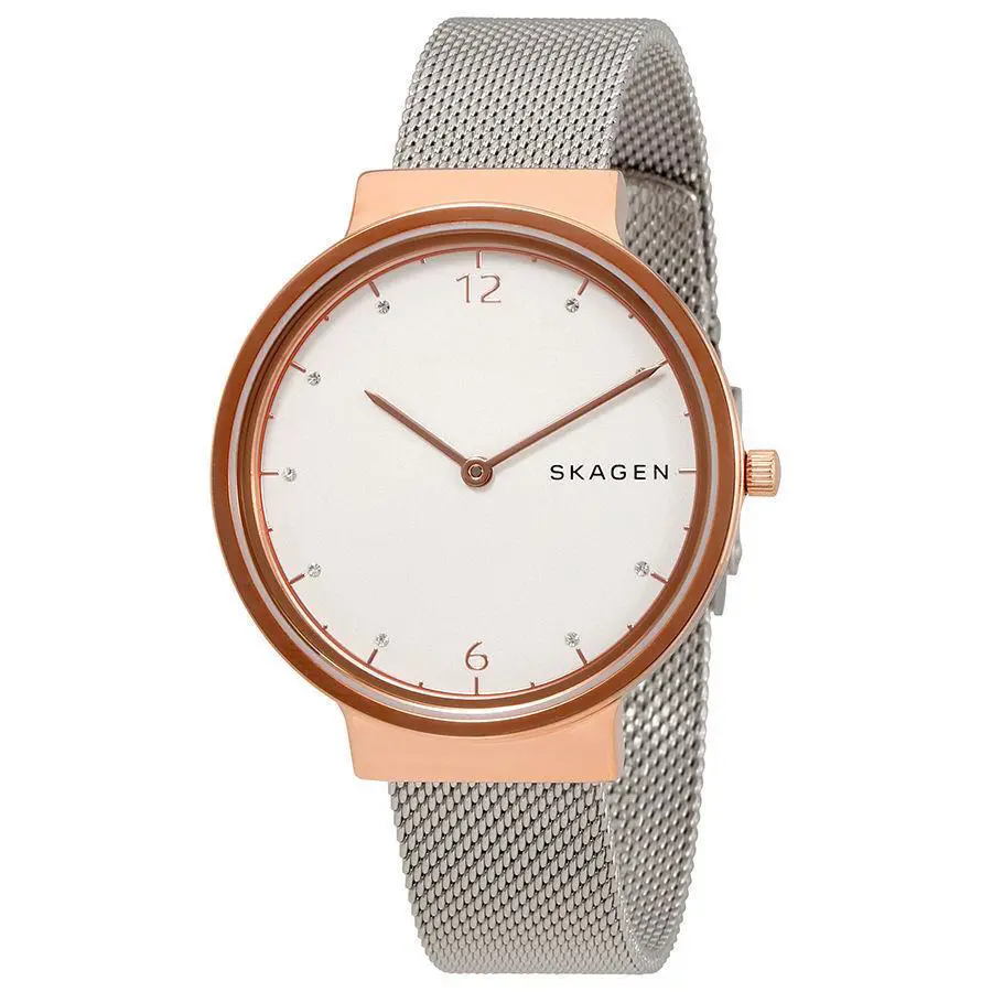 Women`s Skagen Ancher White Dial Stainless Steel Mesh Quartz Watch SKW2616