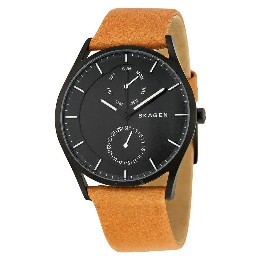 Skagen Holst Black Dial SS Tan Leather Multi Quartz Men`s Watch SKW6265