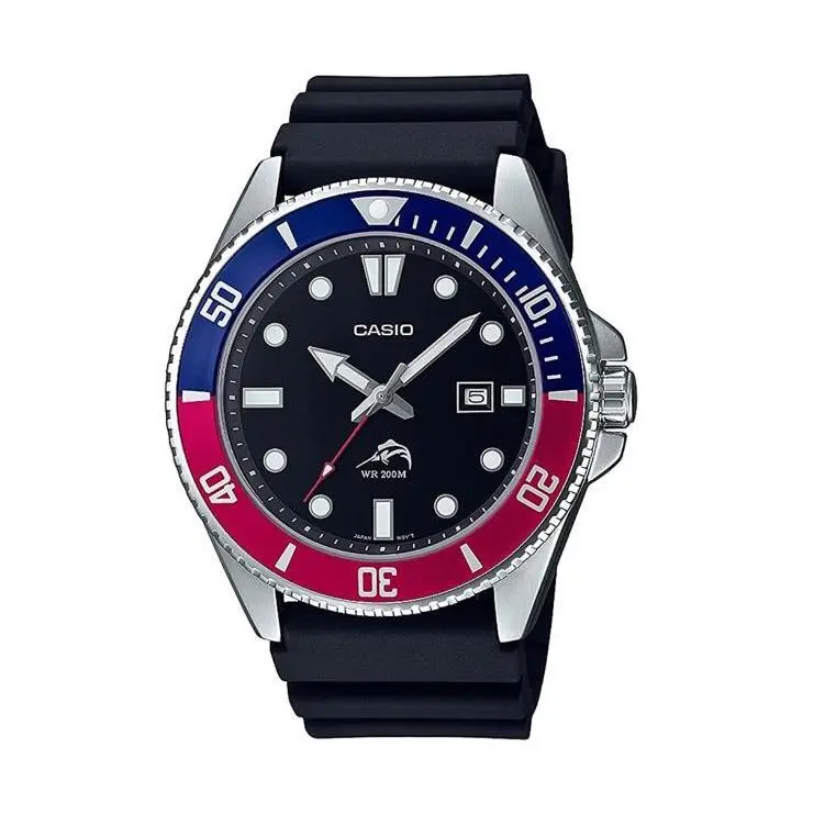 Casio Men`s Quartz Date Indicator Screw Down Case 46mm Watch MDV106B-1A2V - Dial: Red, Blue, Black, Band: Black, Bezel: Red, Blue, Black