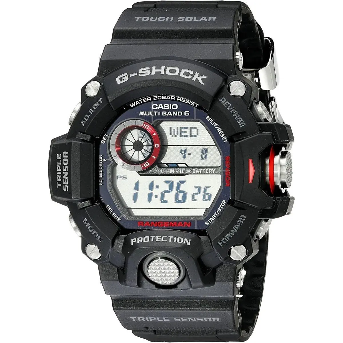 Casio GW9400-1 Men`s Rangeman Triple Sensor Alarm Chronograph G Shock Watch - Dial: Gray, Band: Black, Bezel: Black