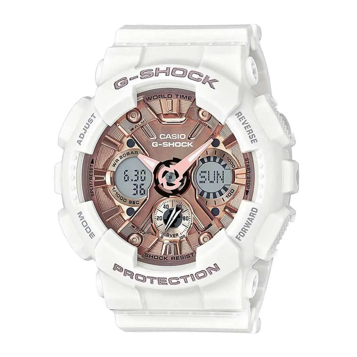 Casio Women`s Watch G-shock Rose Gold Dial Dive White Strap GMAS120MF-7A2