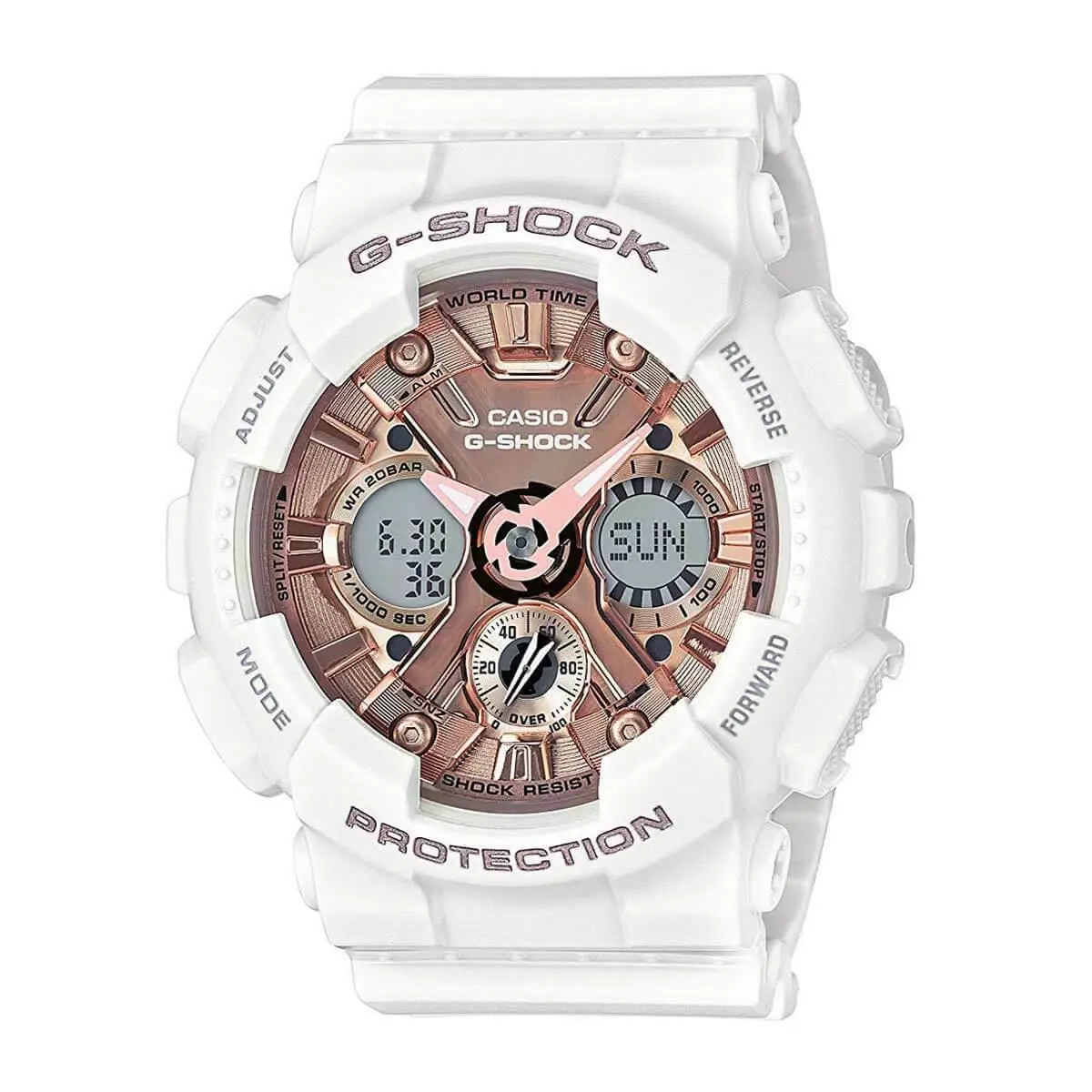 Women`s Dive Watch G-shock Ana-digi Rose Gold Dial Strap GMAS120MF-7A2 by Casio