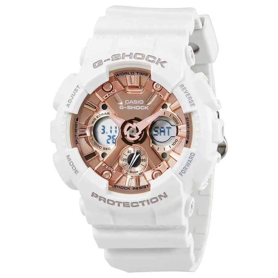 Casio G-shock S Series Rose Gold Dial Ladies Sports Watch GMAS120MF-7A2 - Dial: Gold, Pink, Band: White, Bezel: White