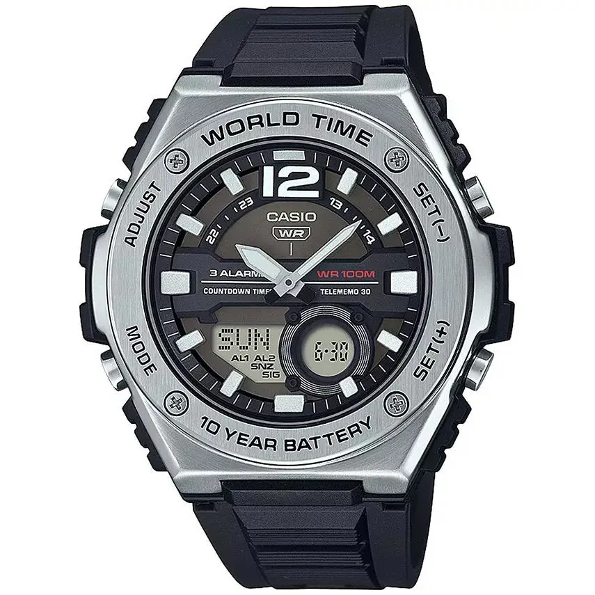 Casio MWQ100-1AV World Time Combo Watch 3 Alarms Black Strap 10Year Battery