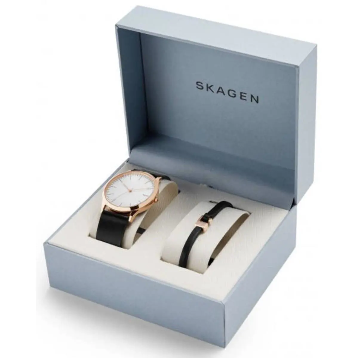 Skagen SKW1102 Men`s Jorn Black Leather Band Watch and Bracelet Set