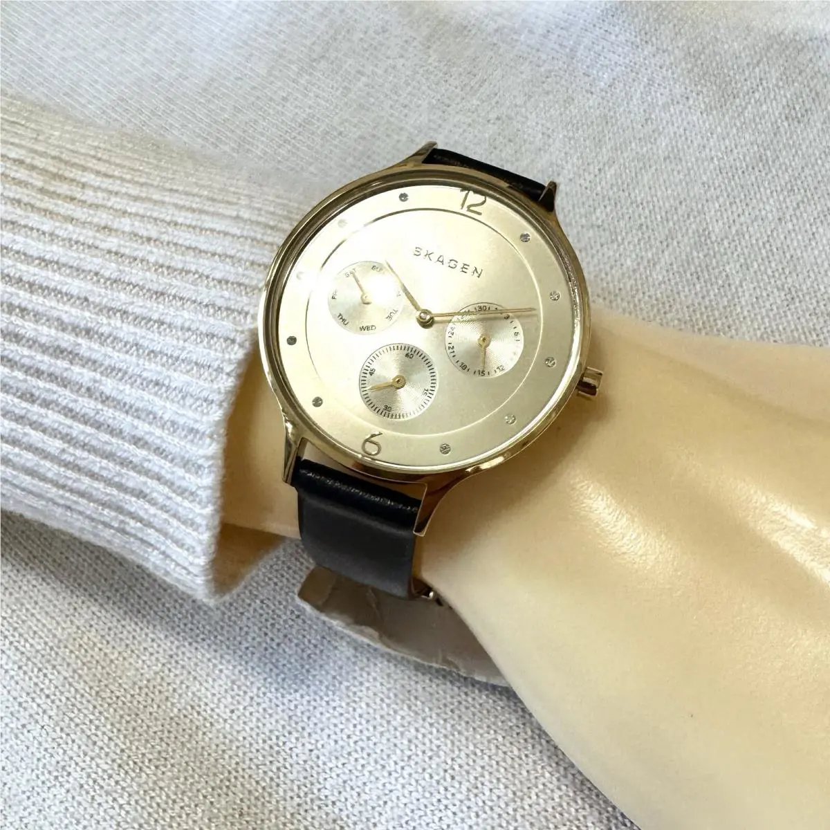 Skagen Anita Black Leather Gold-tone Dial Watch SKW2393