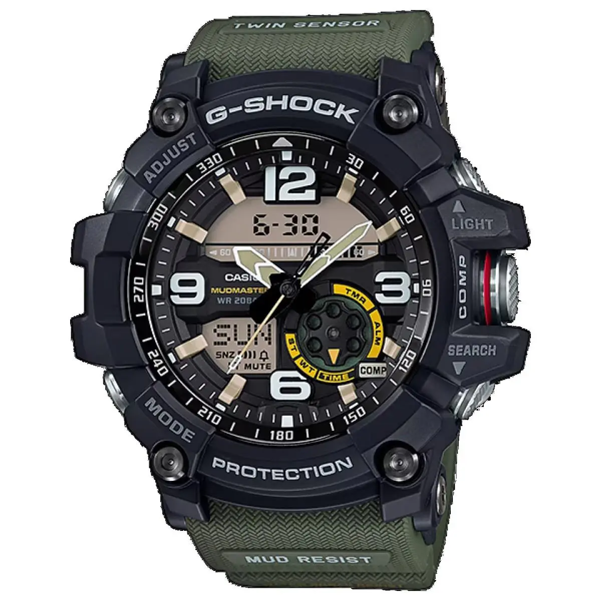 Casio GG1000-1A3 Men`s Twin Sensor Analog Digital Mudmaster Green G Shock Watch - Dial: Black, Band: Green, Bezel: Black