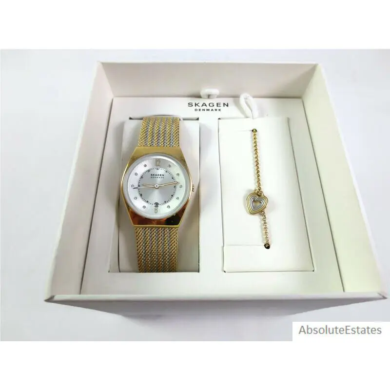 Skagen Grenen Lille Gold Silver 2 Tone Mesh Watch Bracelet Gift Set SKW1156
