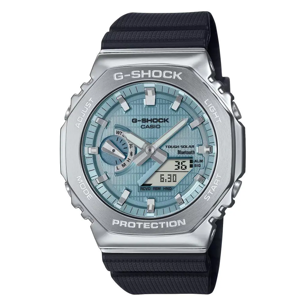 G-shock G-steel 2100 Series Light Blue Dial Tough Solar Watch GBM-2100A-1A2 - Dial: Light Blue, Band: Black, Bezel: Silver