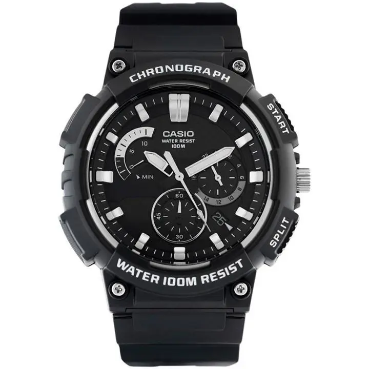 Casio MCW200H Series Men’s Analog Watch100 Meter WR Retrograde Chronograph - Dial: Black, Band: Black, Bezel: Black