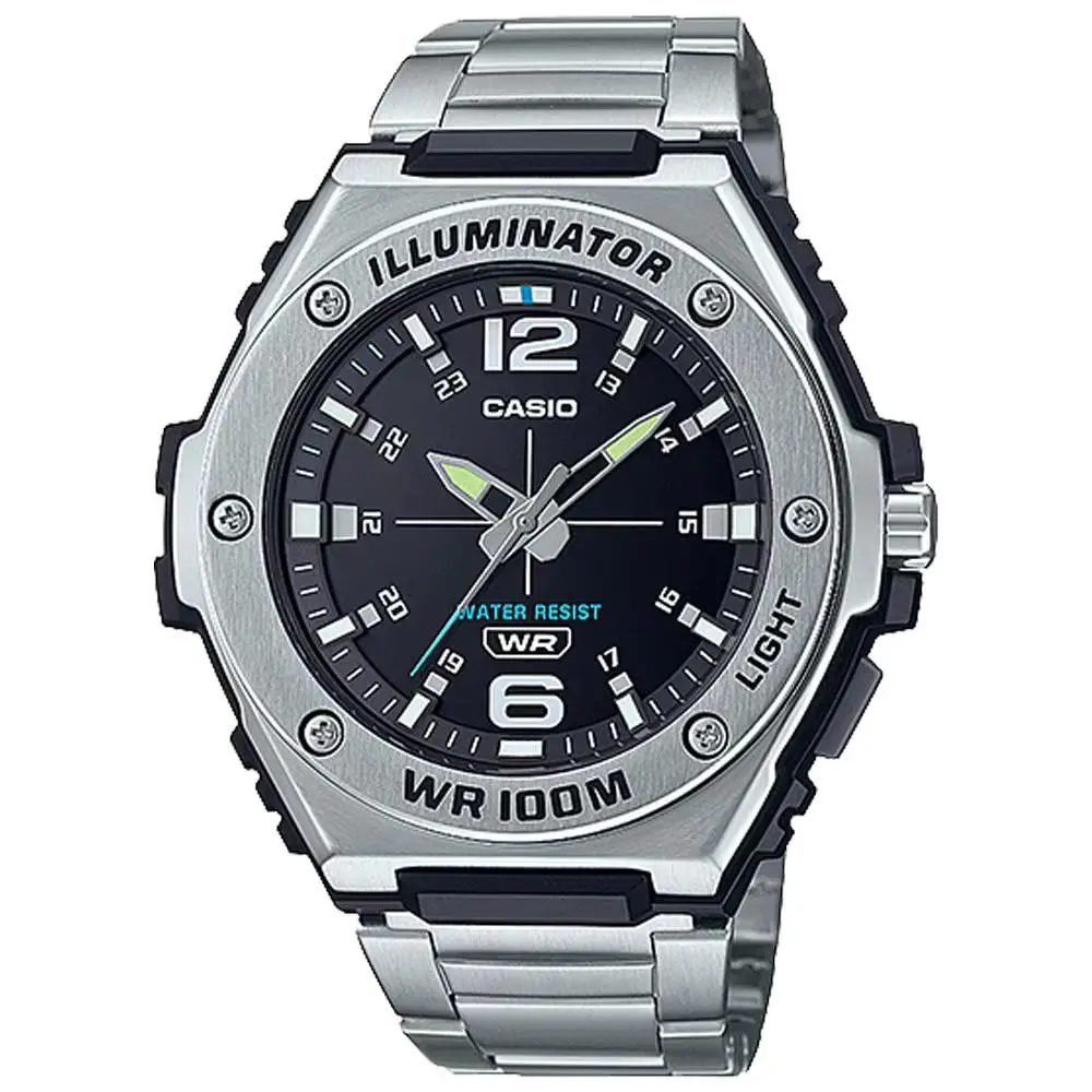 Men`s Casio Watch Analog MWA100HD-1AV Stainless Steel - Dial: Black, Band: Silver