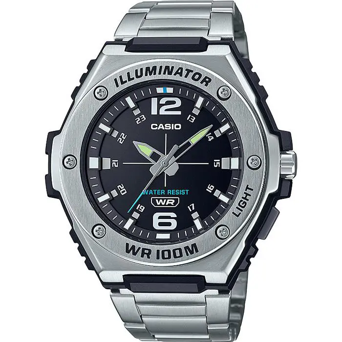 Casio MWA100HD-1AV Analog Watch Stainless Steel Band Illuminator 100 Meter WR - Dial: Black, Band: Silver, Bezel: Silver