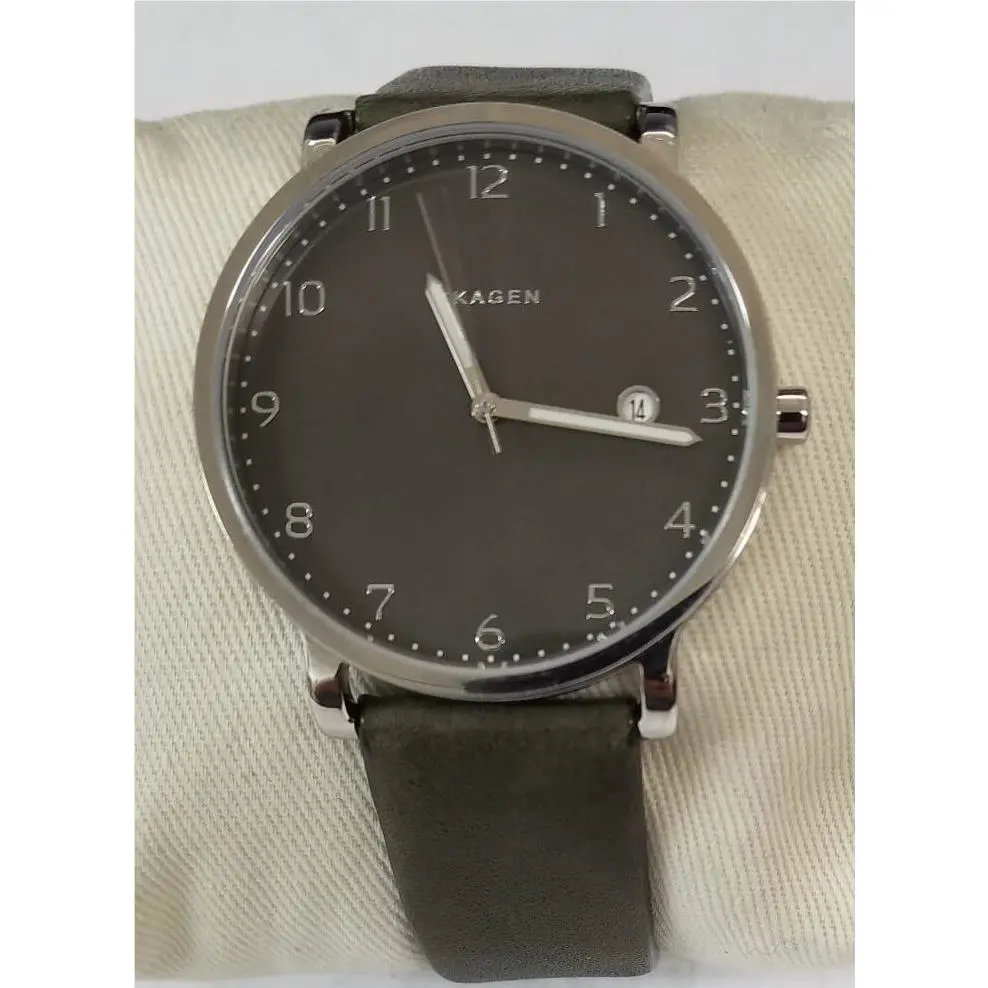 Skagen Hagen Grey Dial Date Dark Green Leather Strap Men`s Watch SKW6306