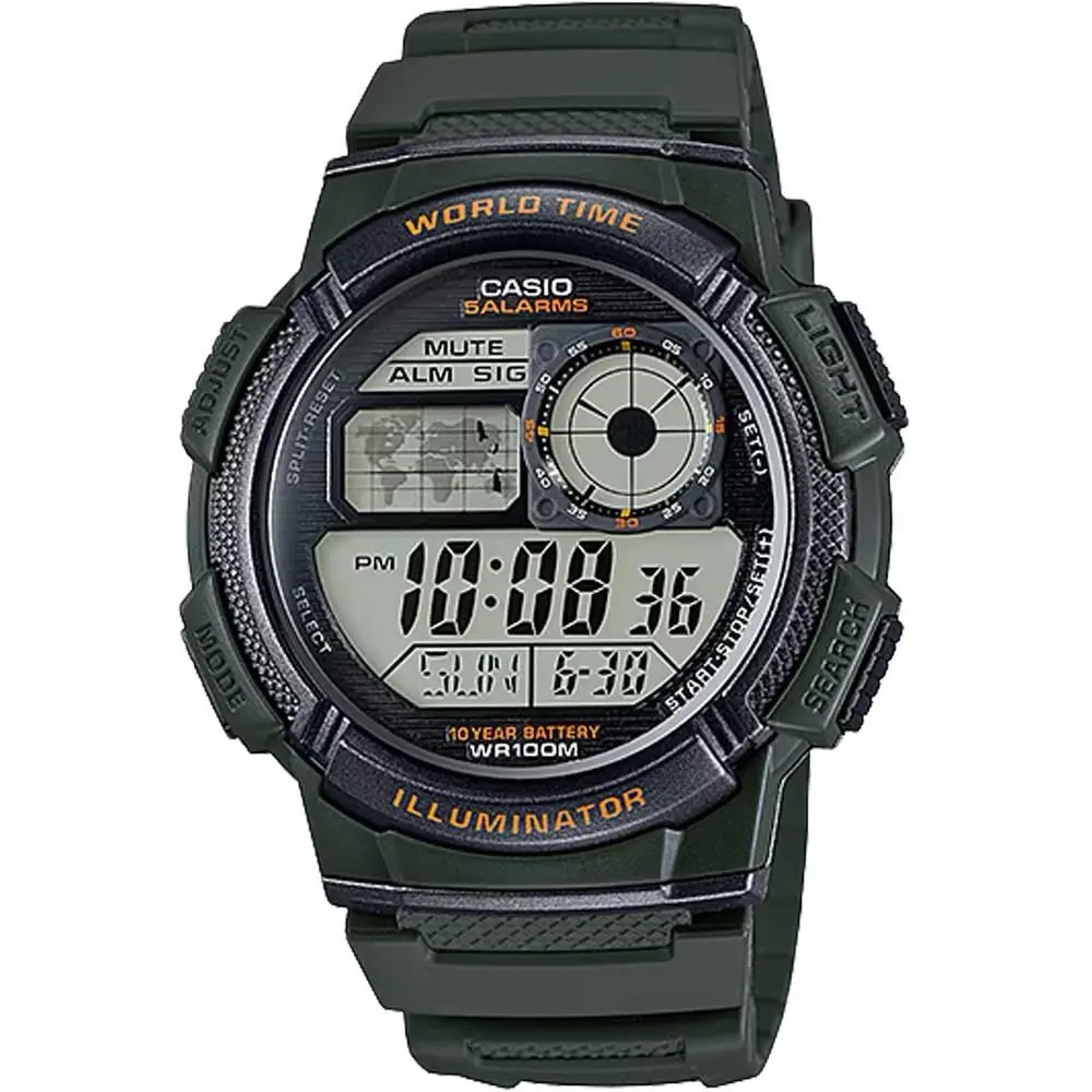 Casio Men’s Digital Watch with Black and Green Dial - AE-1000W-3AV - Green, Band: Green