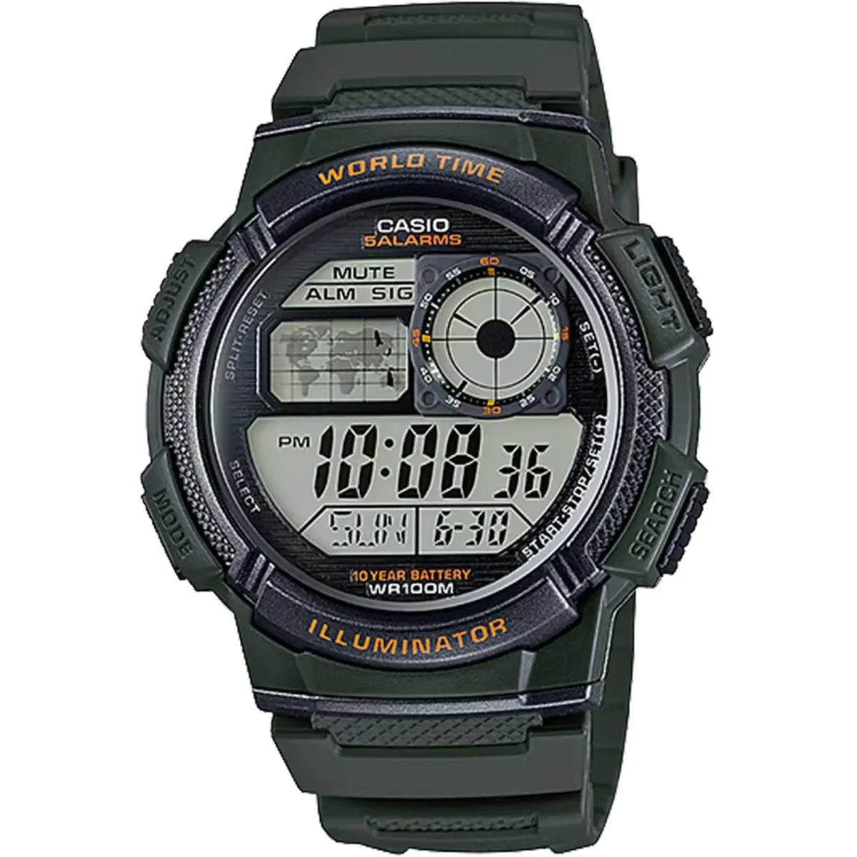 Casio Men’s World Time Green Resin Digital Watch - AE-1000W-3AVCF