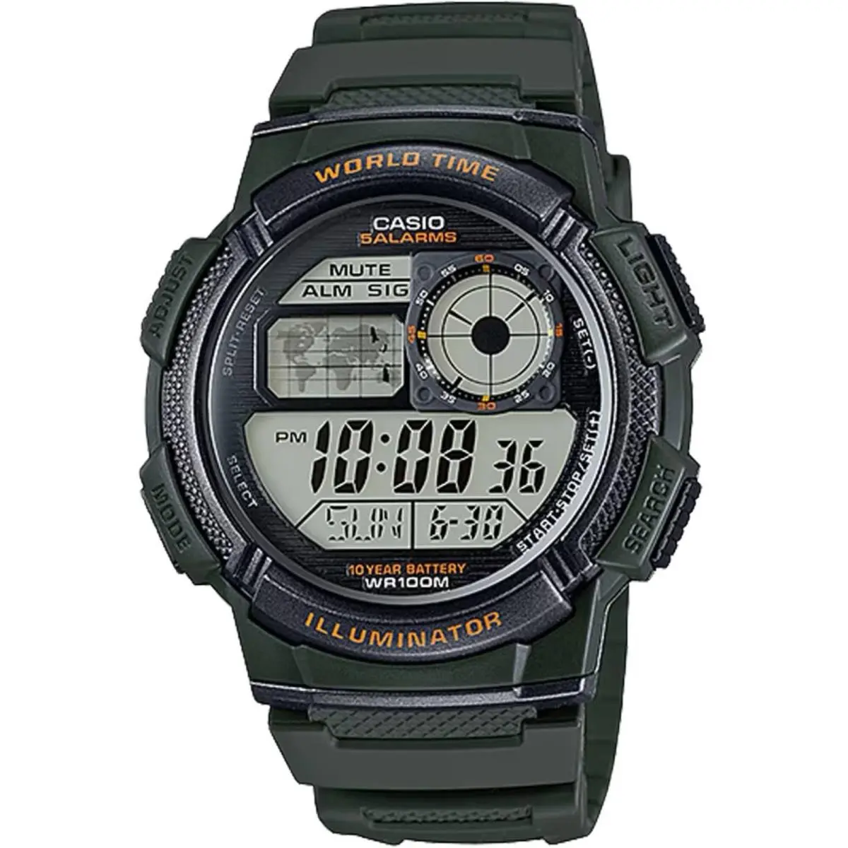 Casio Men`s Watch World Time Grey Digital Dial Green Rubber Strap AE-1000W-3AV - Dial: Grey, Band: Green