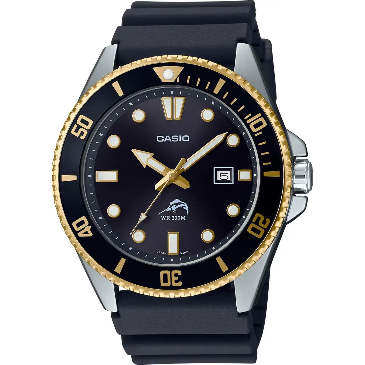 Casio Men`s Diver Inspired Stainless Steel Blk/gold Quartz Watch w/ Resin Strap - Dial: Black, Band: Black, Bezel: Gold, Black