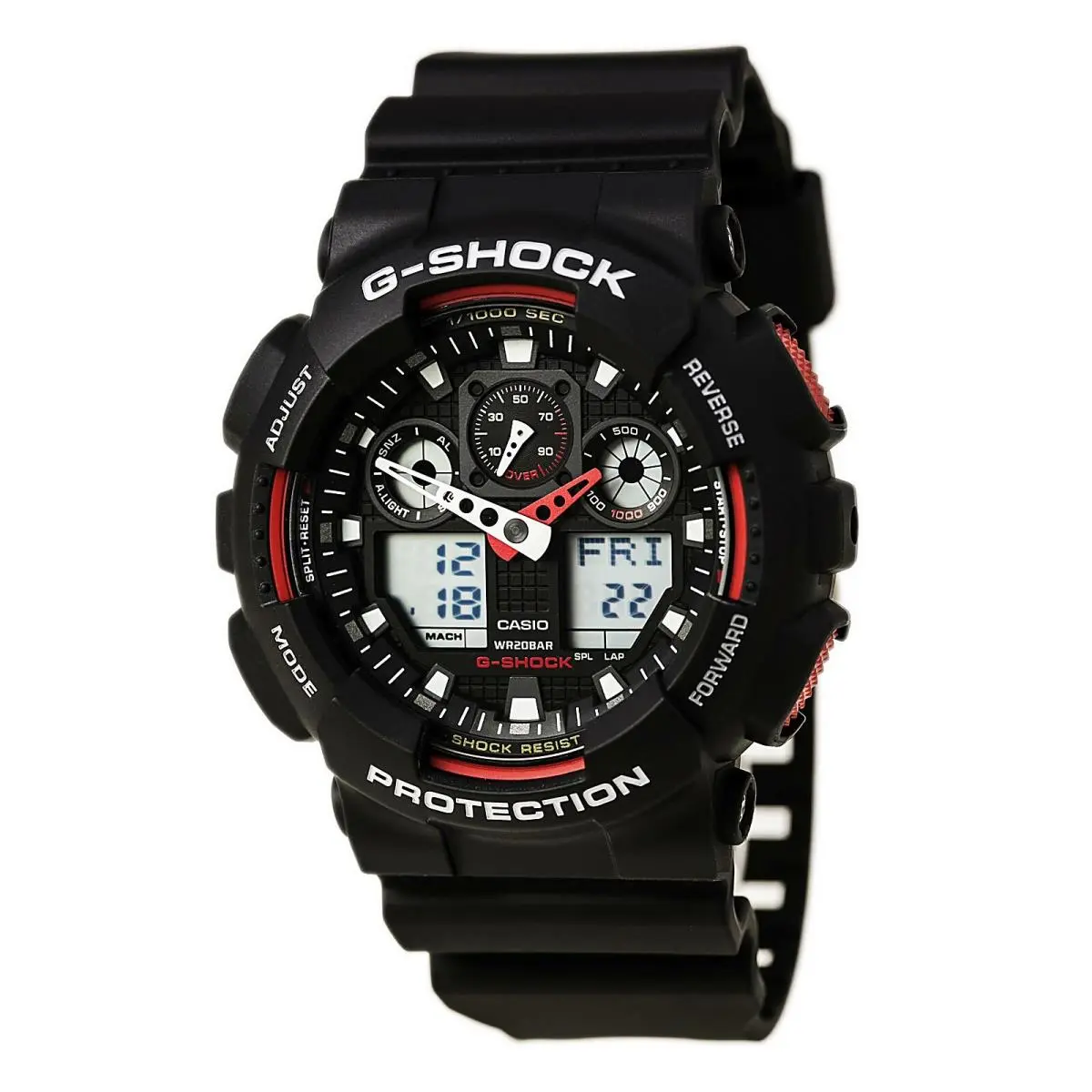 Casio GA100-1A4 Men`s G-shock Anti-magnetic X-large G Anti-magnetic Dive Watch - Black, Dial: Red, Multicolor, Black, Band: Black