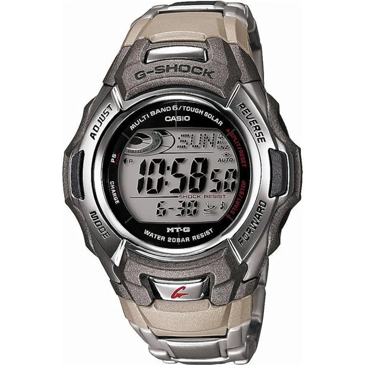 Casio MTG-M900DA-8CR G-shock Tough Solar Atomic Digital Watch - Silver, Dial: Silver, Band: Silver
