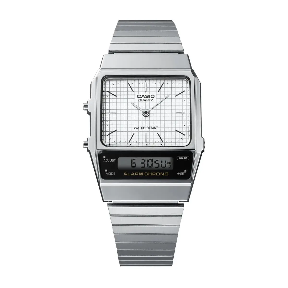 Casio AQ800E-7A Vintage Styled Analog/digital Silvertone Watch Alarm Chrono - Dial: White, Band: Silver