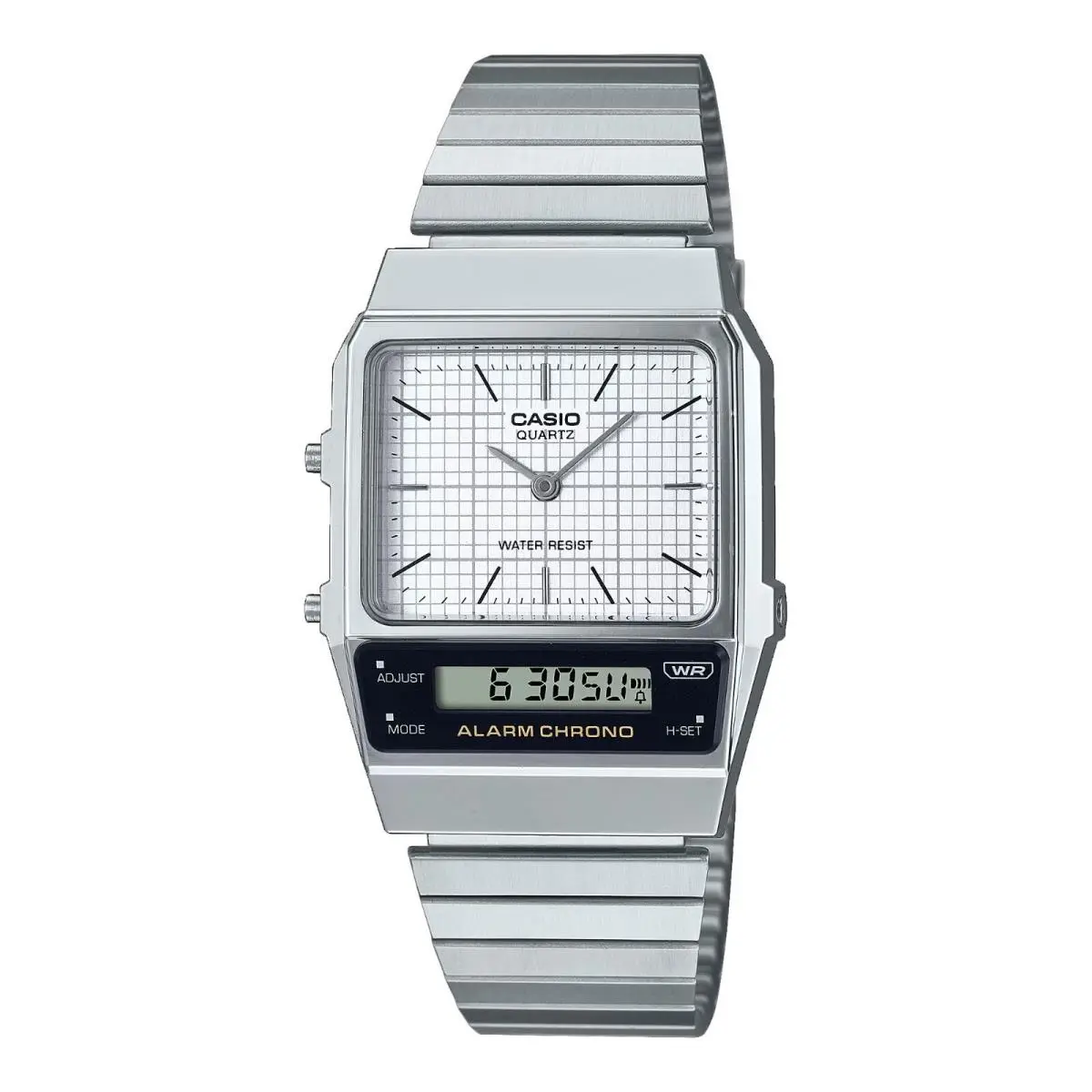 Casio AQ800E-7A Men`s Vintage Stainless Steel Analog Digital Dual Time Watch - Dial: White, Band: Silver, Bezel: Silver