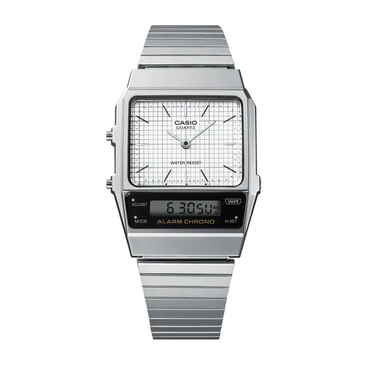 Casio AQ800E-7A Vintage Styled Analog/digital Silvertone Watch Alarm Chrono - Dial: White, Band: Silver