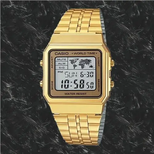 Casio A-500WGA-9D World Time 5 Alarms Watch Gold Tn Led Backlight Steel Band - Gold
