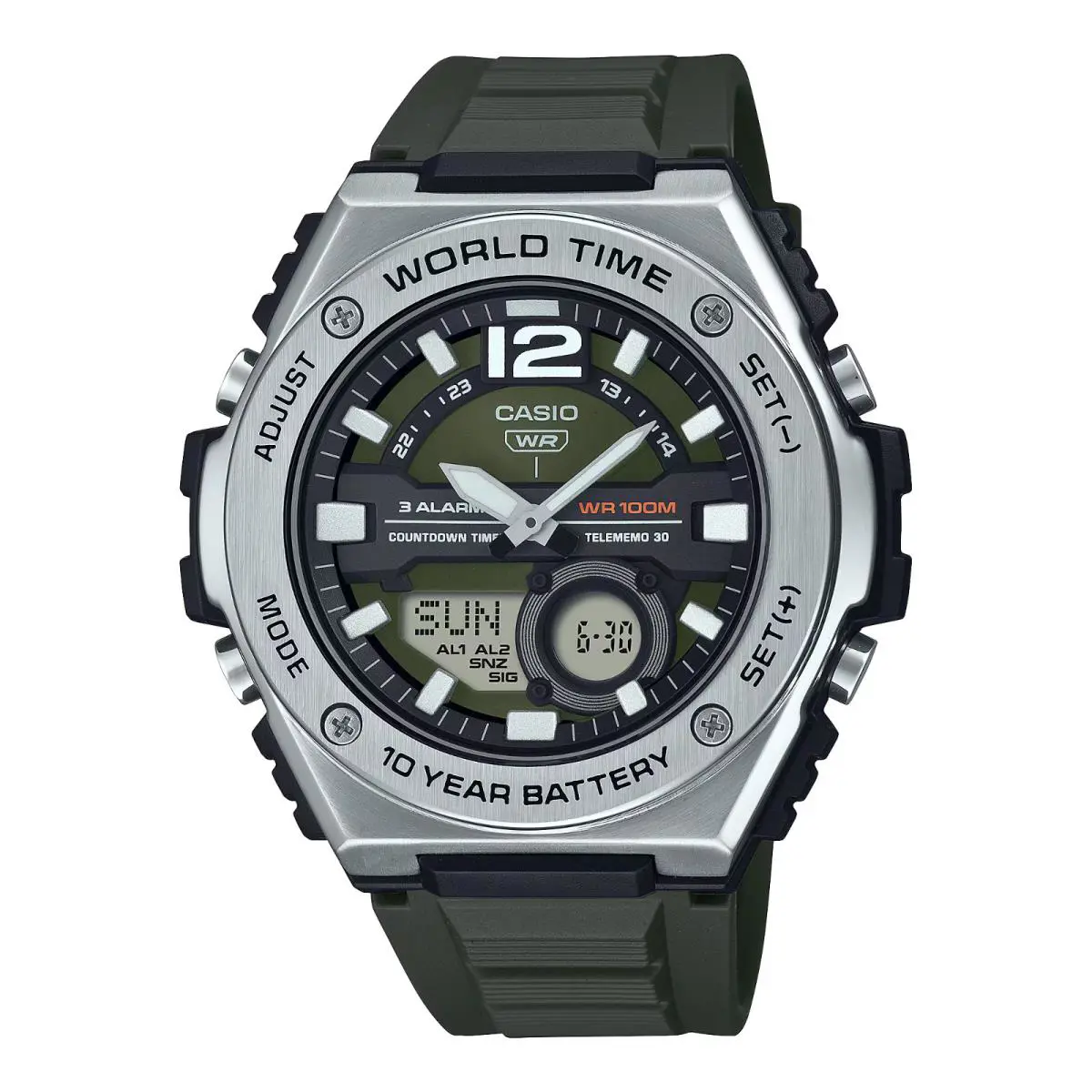 Casio MWQ100-3AV World Time Combo Watch 3 Alarms Black Strap 10 Year Battery - Dial: Black, Green, Band: Black