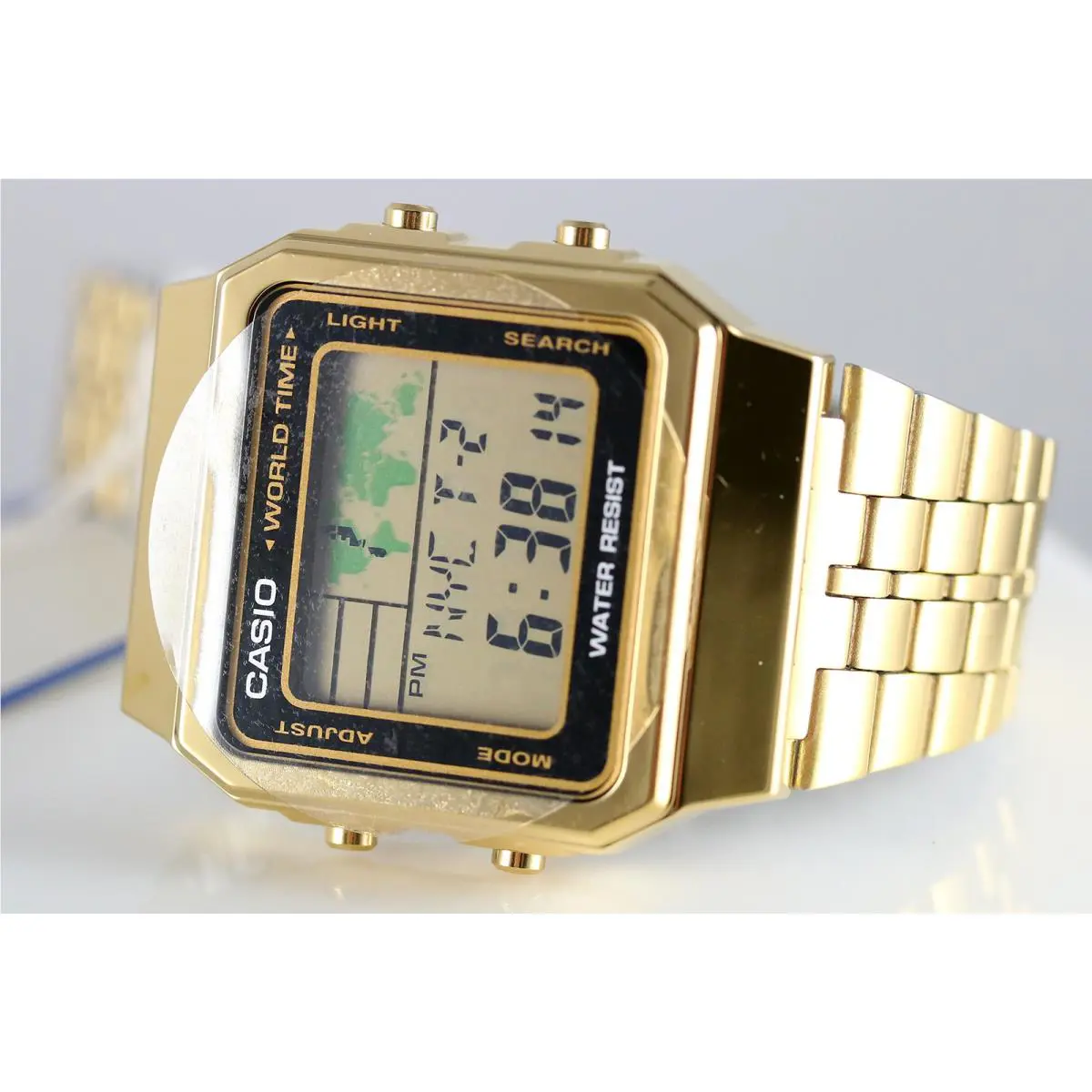 Casio World Time 5 Alarms Led Backlight Gold Steel Band Watch A-500WGA-1D