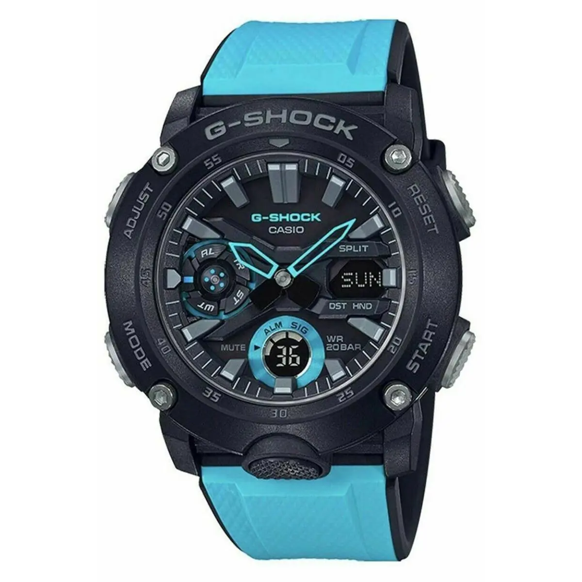 Casio G-shock Carbon Core Guard Alarm Calendar Quartz GA2000-1A2 200M Mens Watch - Dial: Black, Band: Blue, Bezel: Black