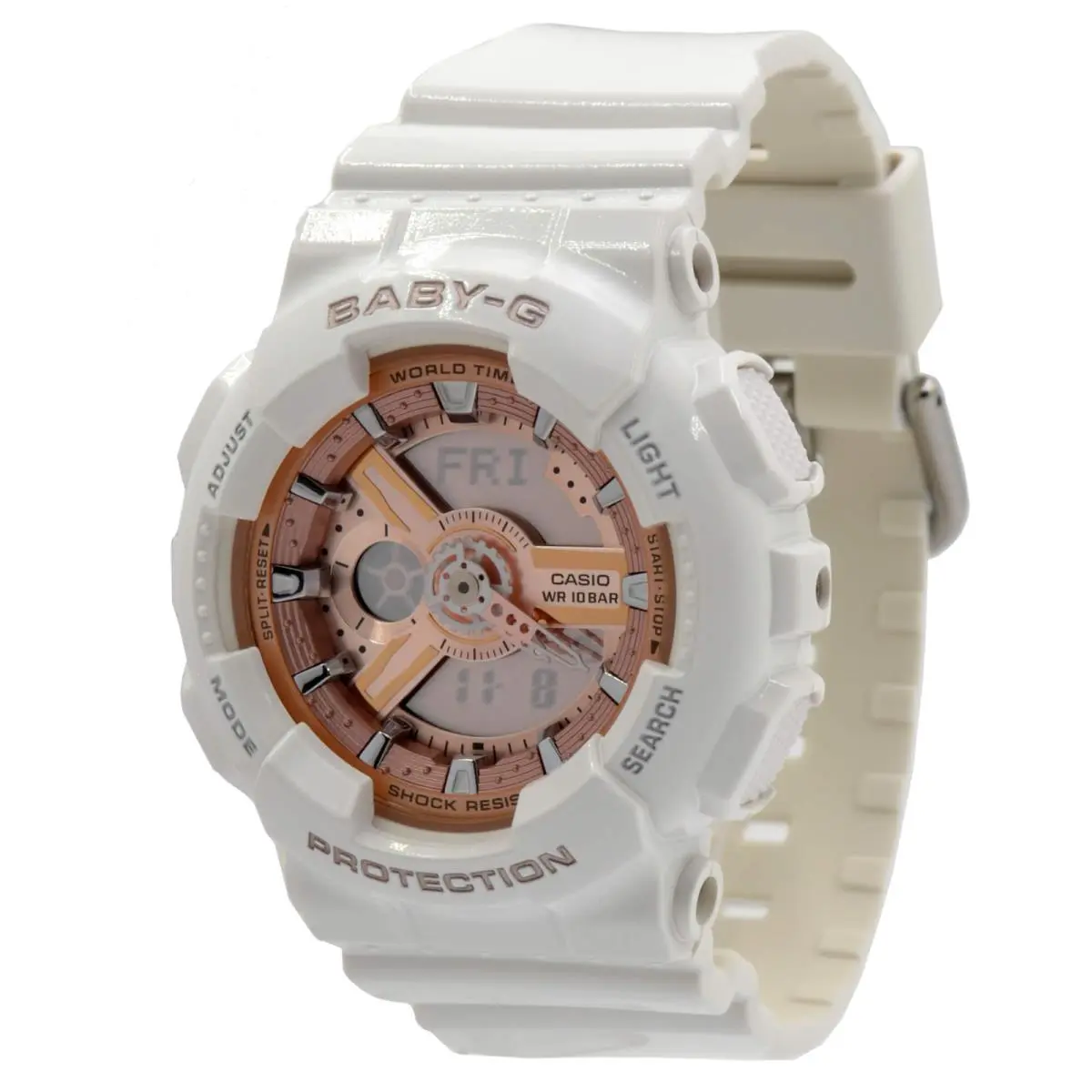 Casio BA110-7A1 Women`s Baby-g Rose Gold Dial White Resin Strap Chrono Watch