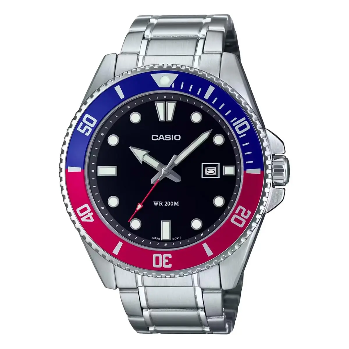 Casio MDV107D-1A3V Men`s Stainless Steel 200M Red/blue Bezel Black Dial Watch - Dial: Black, Blue, Band: Black, Blue, Red, Bezel: Black, Blue, Red