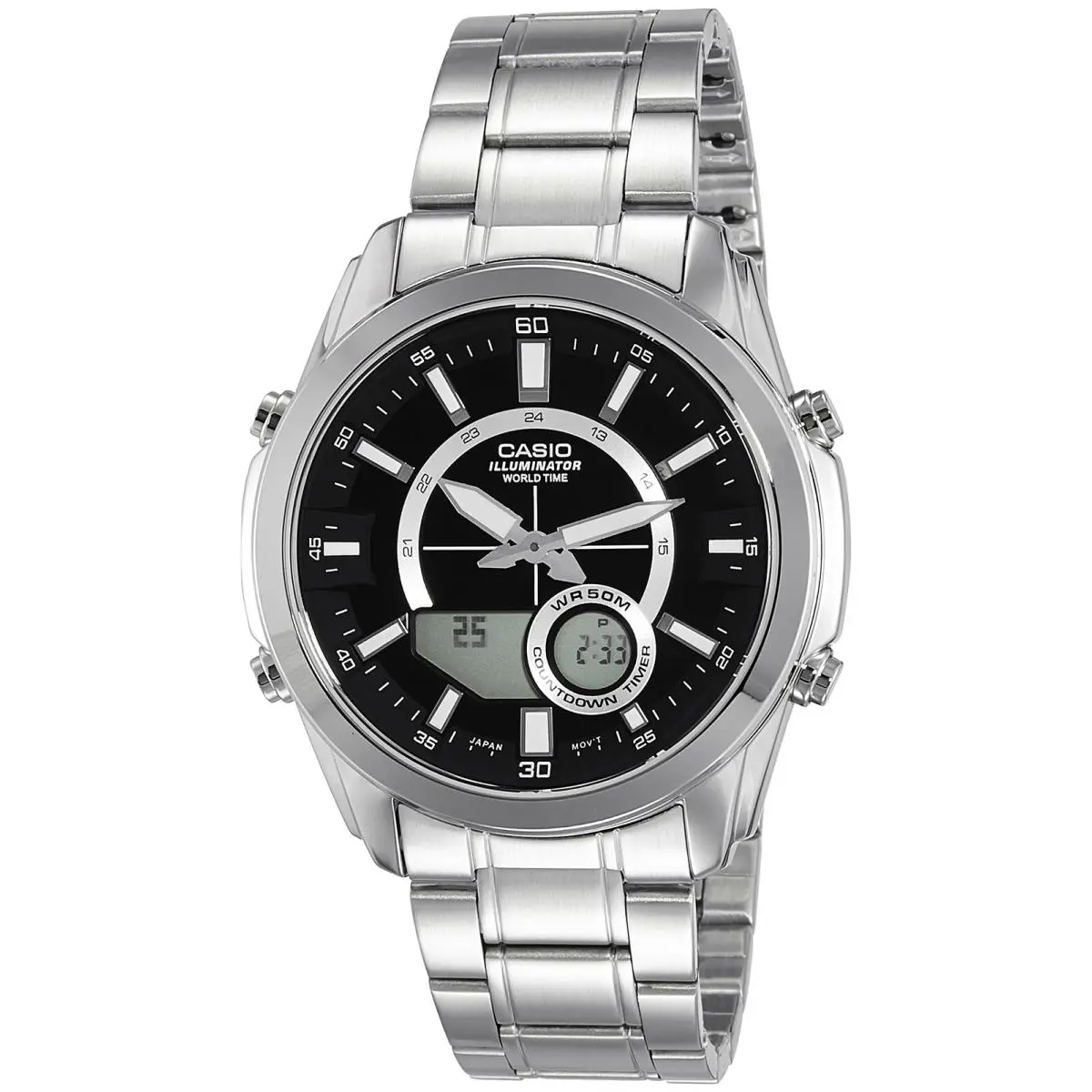 Casio AMW810D-1AV Men`s Stainless Steel Analog Digital 50M WR Watch World Time - Face: Black, Dial: Black, Band: Silver