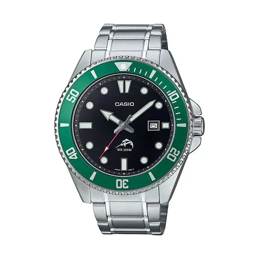 Casio MDV106DD-1A3V Mens Duro 200M All Metal w Date Analog Sport Dive Watch - Dial: Black, Band: Silver, Bezel: Green