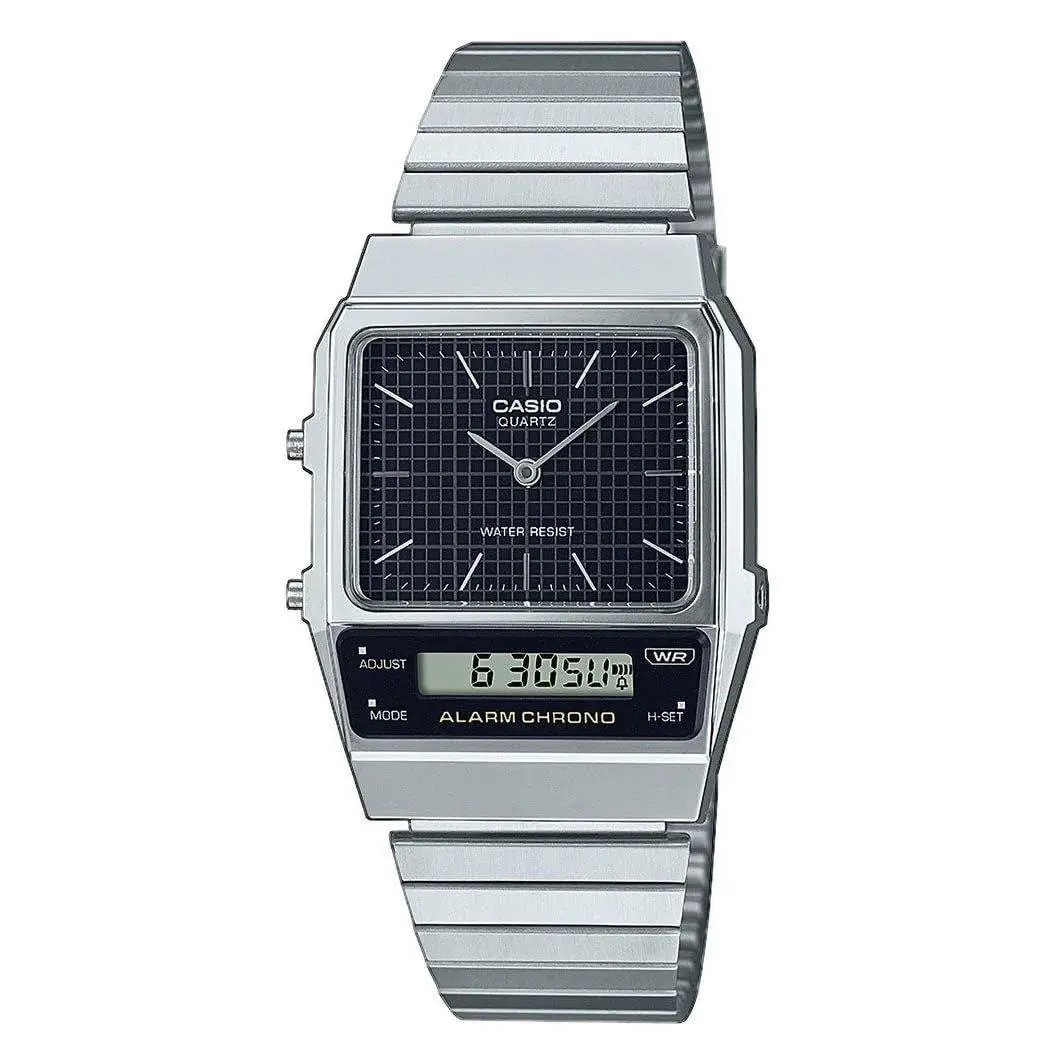 Casio AQ-800E-1A Men`s Watch Retro Vintage Black Dial Analog/digital - Black, Dial: Black, Band: Silver