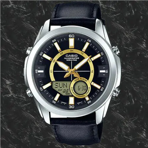 Casio AMW810L-1AV Men`s Black Leather Band Analog Digital 50M Watch World Time
