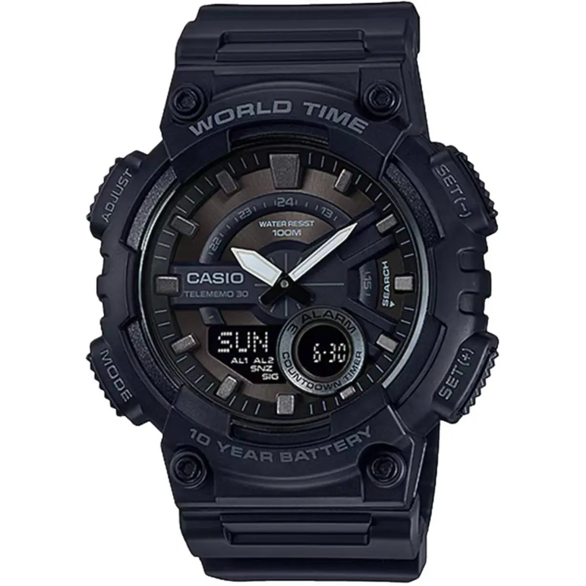 Men`s Watch World Time Black and Grey Ana-digi Dial Strap AEQ-110W-1BV by Casio