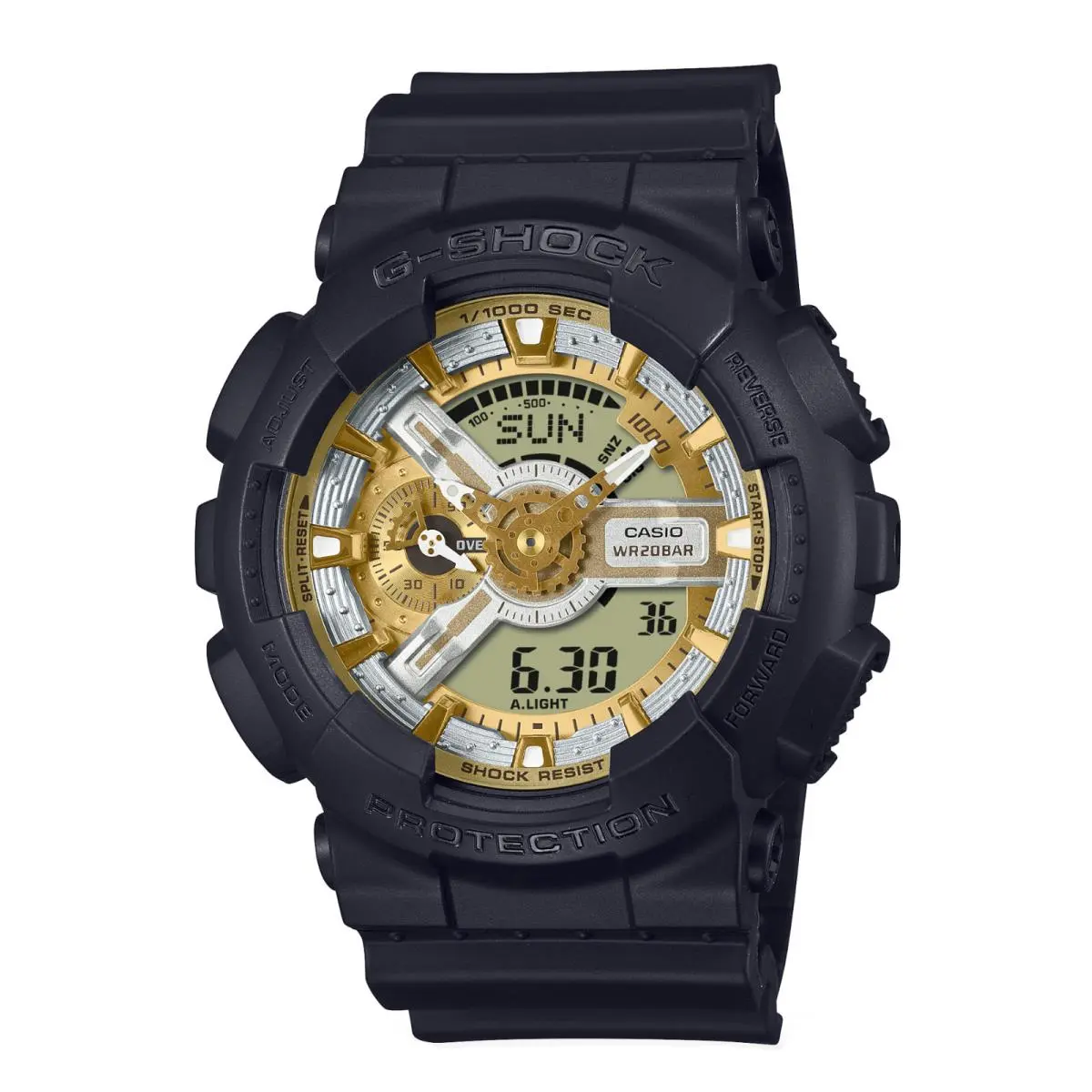 Casio G-shock GA110CD-1A9 1100 Series Ana-digi 51 mm Rubber Sport Wrist Watch - Dial: Gold, Gray, Band: Black, Bezel: Black, Gold