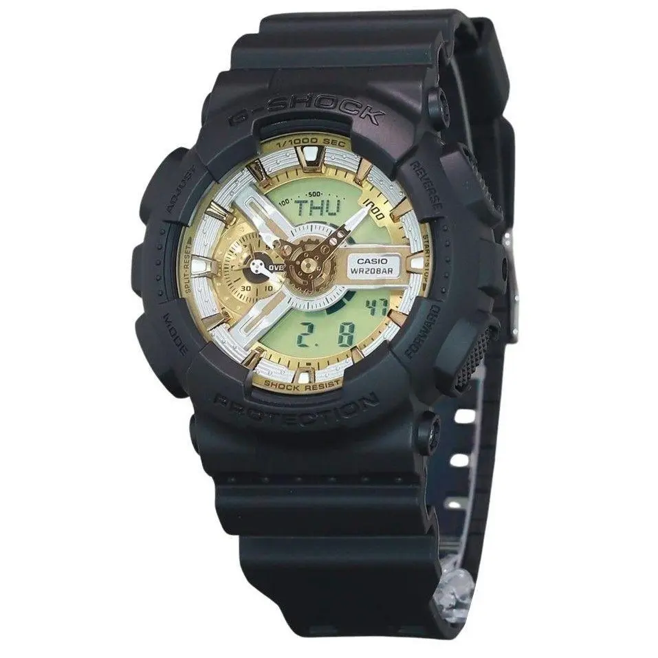 Casio G-shock Gold Dial Alarm Timer Stopwatch Calendar GA-110CD-1A9 Mens Watch - Dial: Gold, Band: Black, Bezel: No Bezel