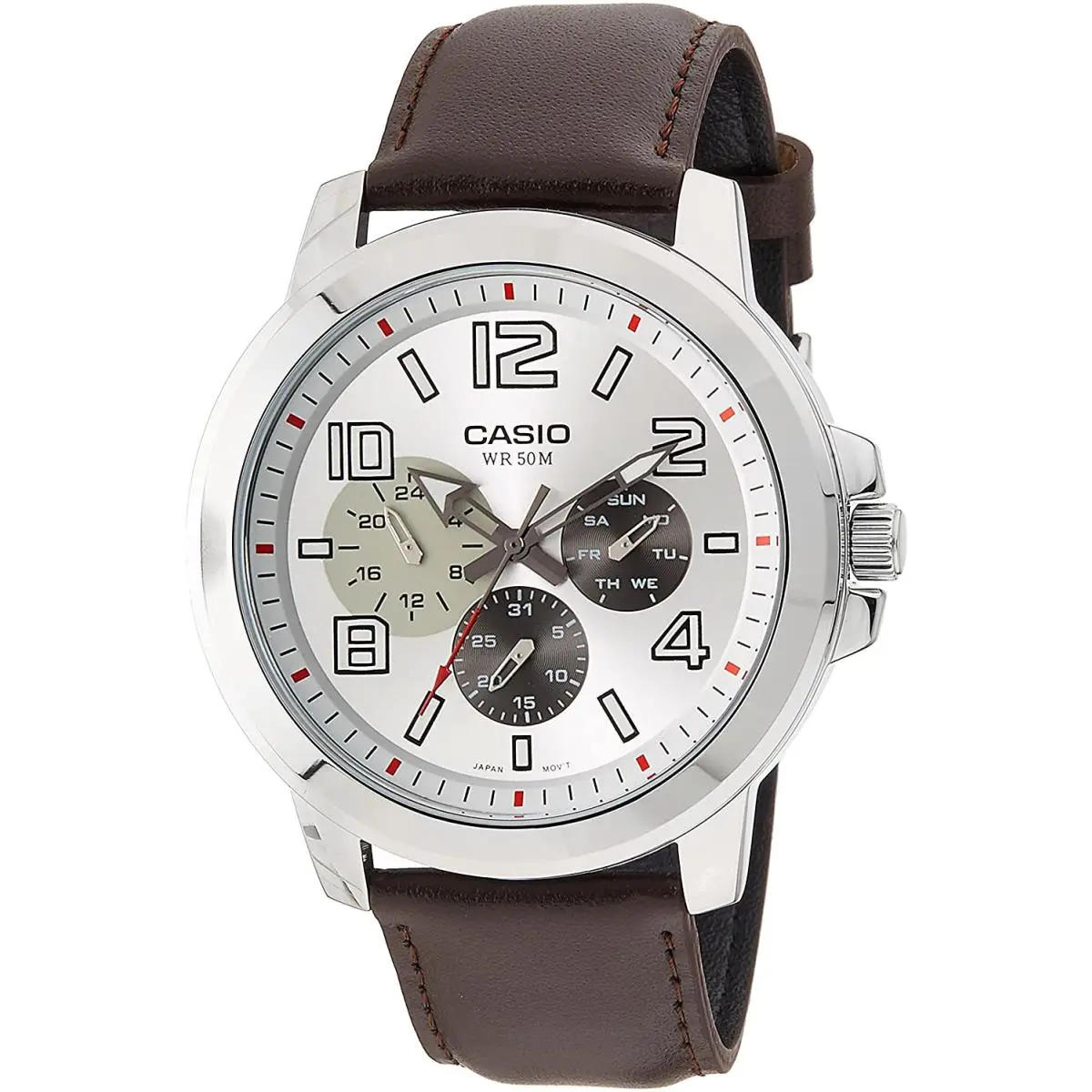 MTP-X300L-7A Men`s XL 56mm Silver Analog Watch Brown Leather Date Date by Casio