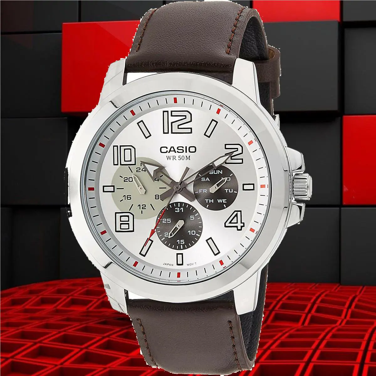 Casio MTP-X300L-7A Men`s XL 56mm Silver Analog Watch Brown Leather Date Date