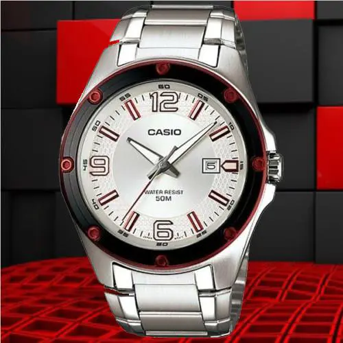 Casio MTP1346D-7A1V Mens Stainless Steel Watch Dress Silver Red Dial Date
