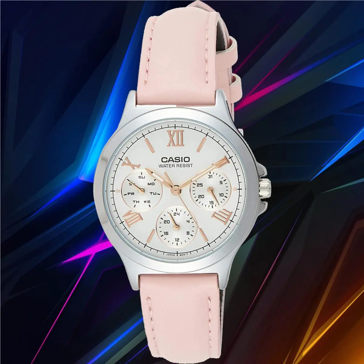 LTP-V300L-4A2 Women`s Analog Watch Pink Leather Band 3 Dials by Casio