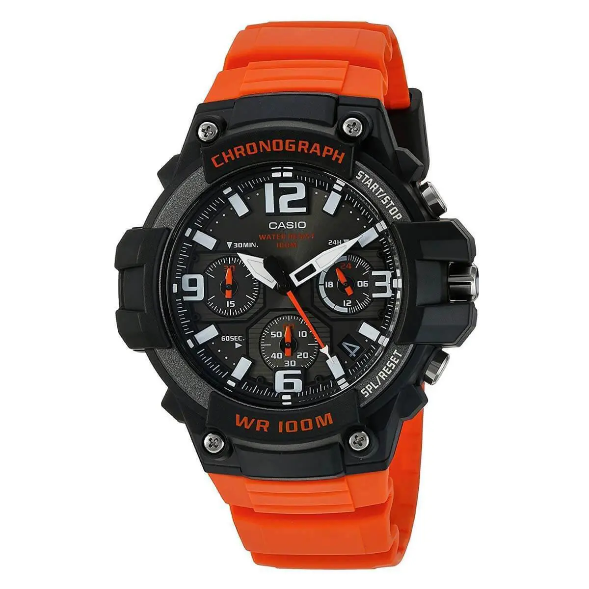Casio Men`s Watch Heavy Duty Chronograph Black Dial Orange Strap MCW100H-4A - Face: Black, Dial: Black, Band: Orange