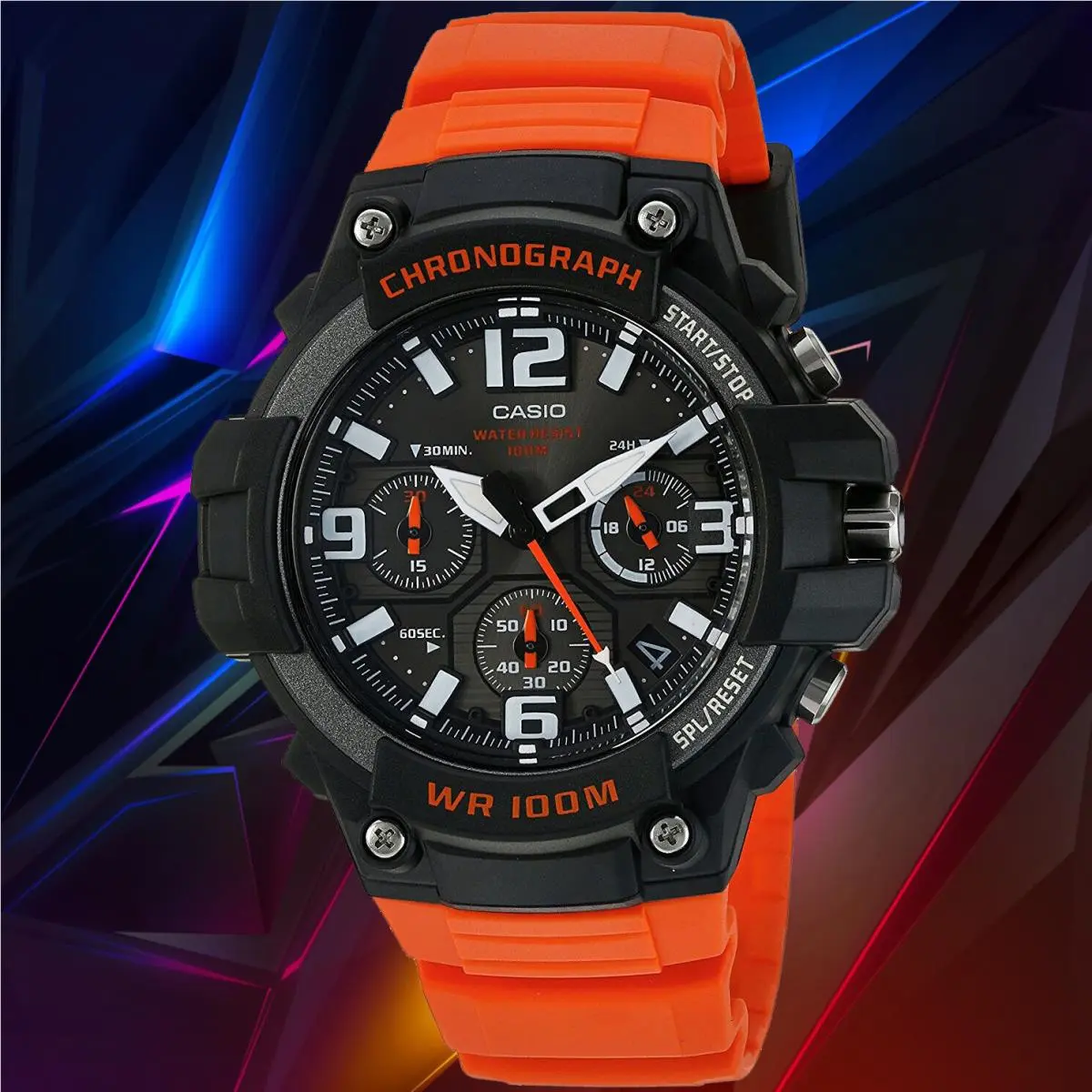 MCW-100H-4A Mens Analog Watch Heavy Duty Orange 100M WR Chronograph by Casio